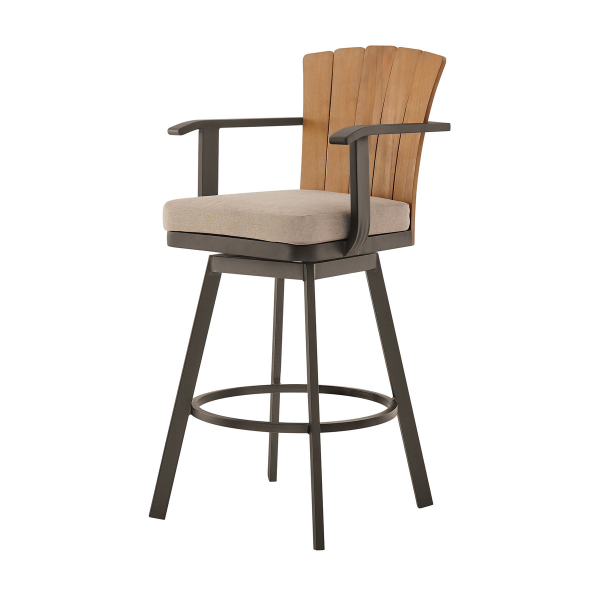 Luna 30 Inch Outdoor Swivel Barstool Chair, Rustic Teak Wood, Brown - BM315723