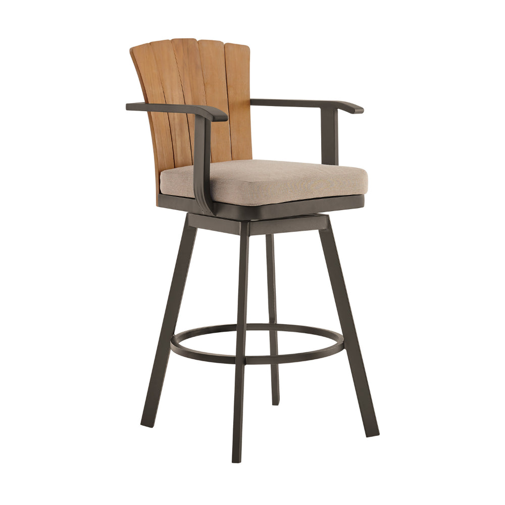 Luna 30 Inch Outdoor Swivel Barstool Chair, Rustic Teak Wood, Brown - BM315723