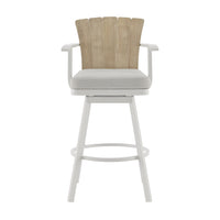 Luna 26 Inch Outdoor Swivel Counter Stool Chair, Rustic Teak Wood, White - BM315724