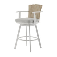 Luna 26 Inch Outdoor Swivel Counter Stool Chair, Rustic Teak Wood, White - BM315724