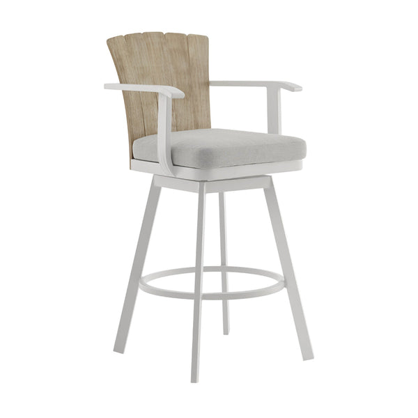 Luna 26 Inch Outdoor Swivel Counter Stool Chair, Rustic Teak Wood, White - BM315724