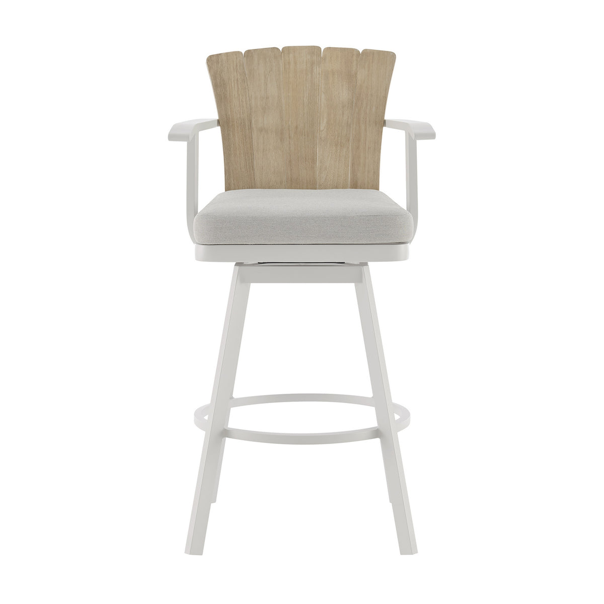 Luna 30 Inch Outdoor Swivel Barstool Chair, Rustic Teak Wood, White - BM315725