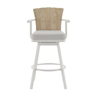 Luna 30 Inch Outdoor Swivel Barstool Chair, Rustic Teak Wood, White - BM315725