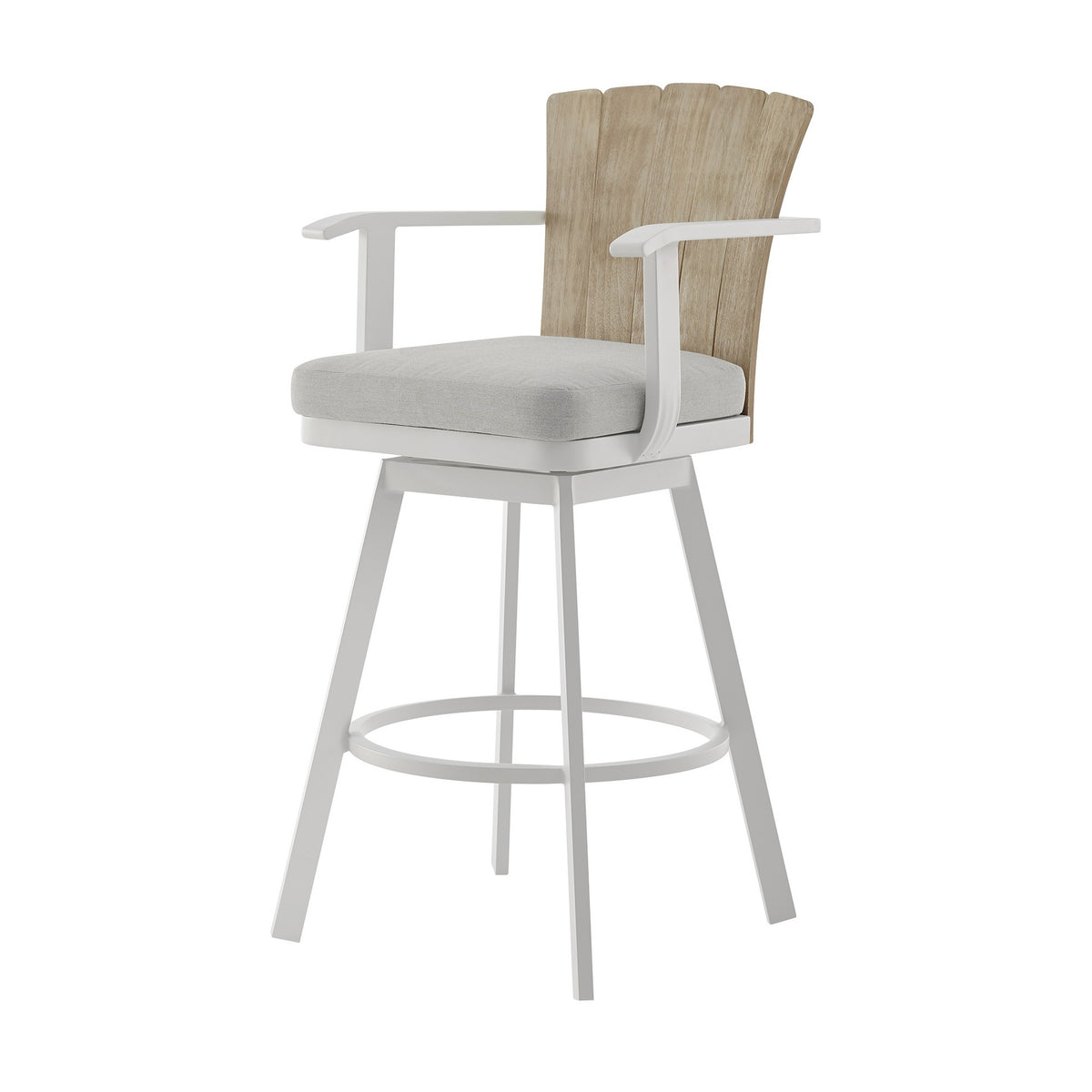 Luna 30 Inch Outdoor Swivel Barstool Chair, Rustic Teak Wood, White - BM315725