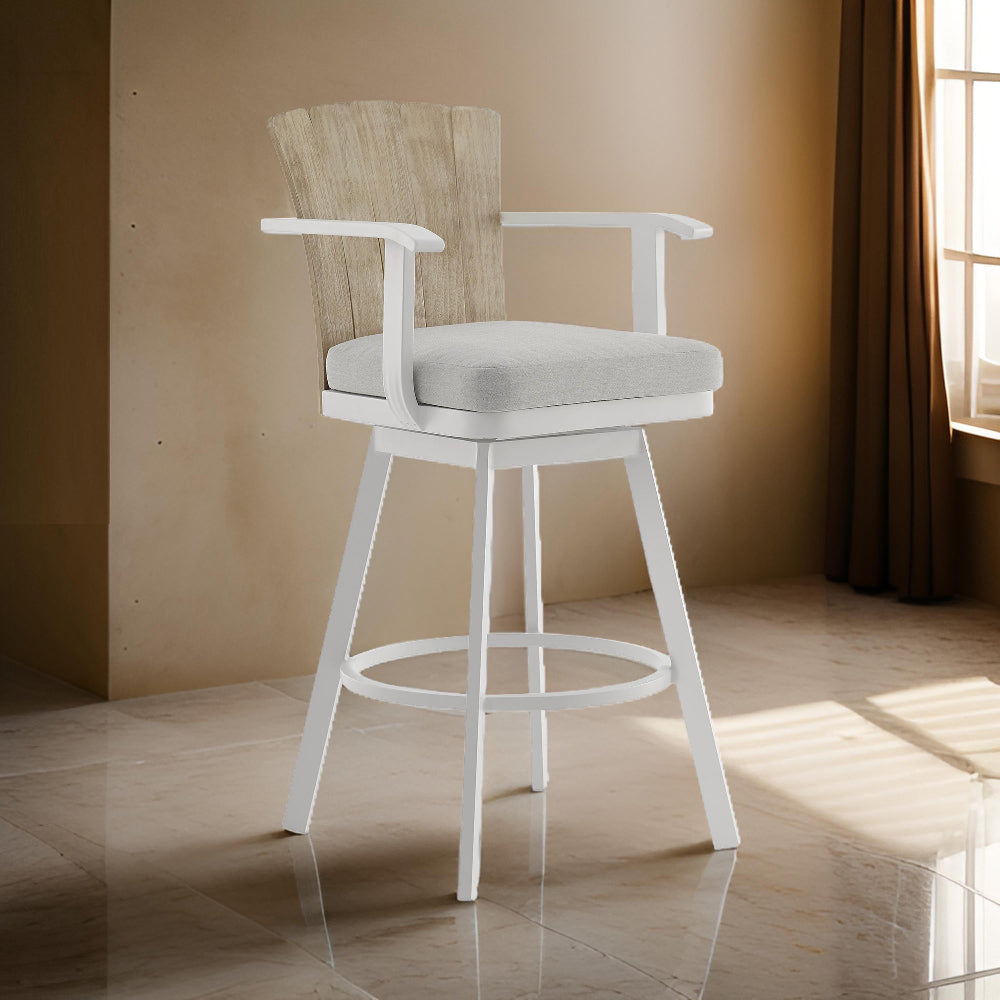 Luna 30 Inch Outdoor Swivel Barstool Chair, Rustic Teak Wood, White - BM315725