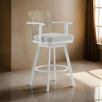 Luna 30 Inch Outdoor Swivel Barstool Chair, Rustic Teak Wood, White - BM315725
