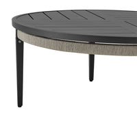 Hosa 42 Inch Outdoor Coffee Table, Black Round Slatted Top, Gray Rope Apron - BM315729