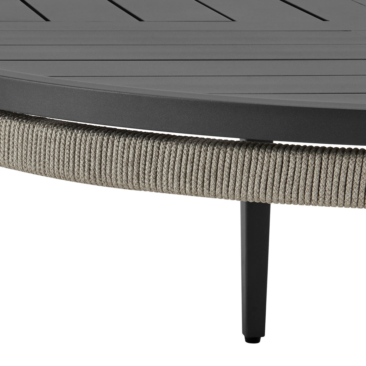 Hosa 42 Inch Outdoor Coffee Table, Black Round Slatted Top, Gray Rope Apron - BM315729