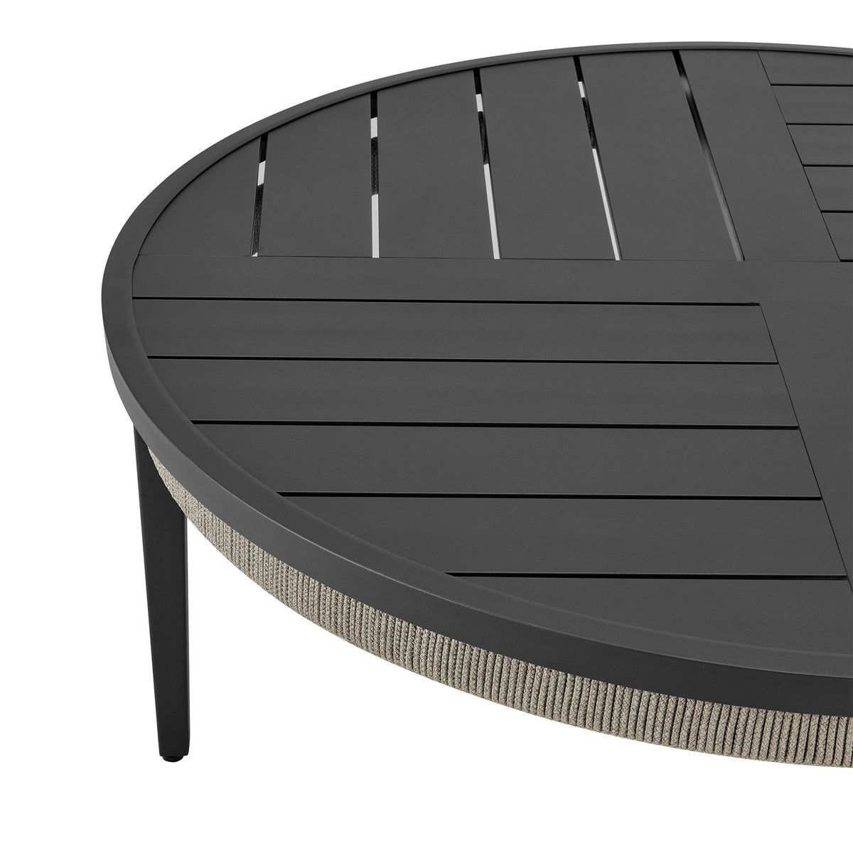 Hosa 42 Inch Outdoor Coffee Table, Black Round Slatted Top, Gray Rope Apron - BM315729