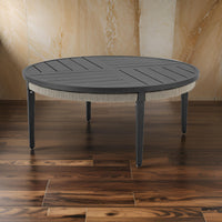 Hosa 42 Inch Outdoor Coffee Table, Black Round Slatted Top, Gray Rope Apron - BM315729