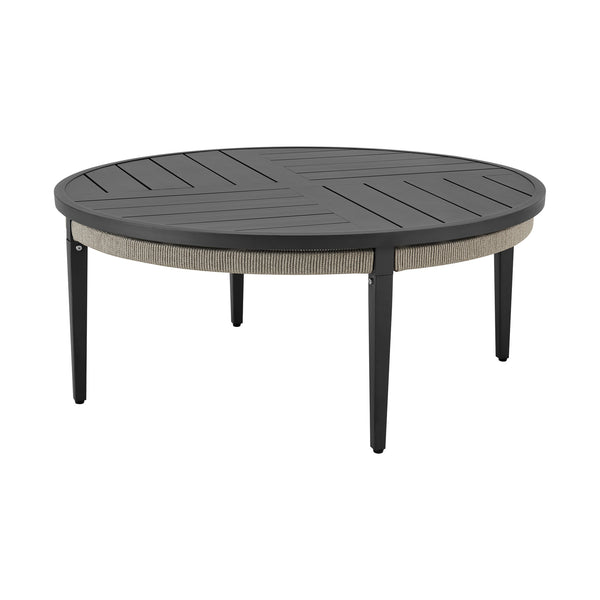 Hosa 42 Inch Outdoor Coffee Table, Black Round Slatted Top, Gray Rope Apron - BM315729