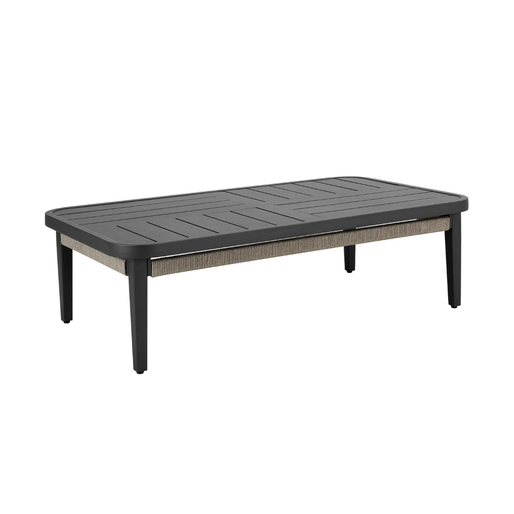 Hosa 50 Inch Outdoor Coffee Table, Rectangular Slatted Top, Gray Rope Apron - BM315730