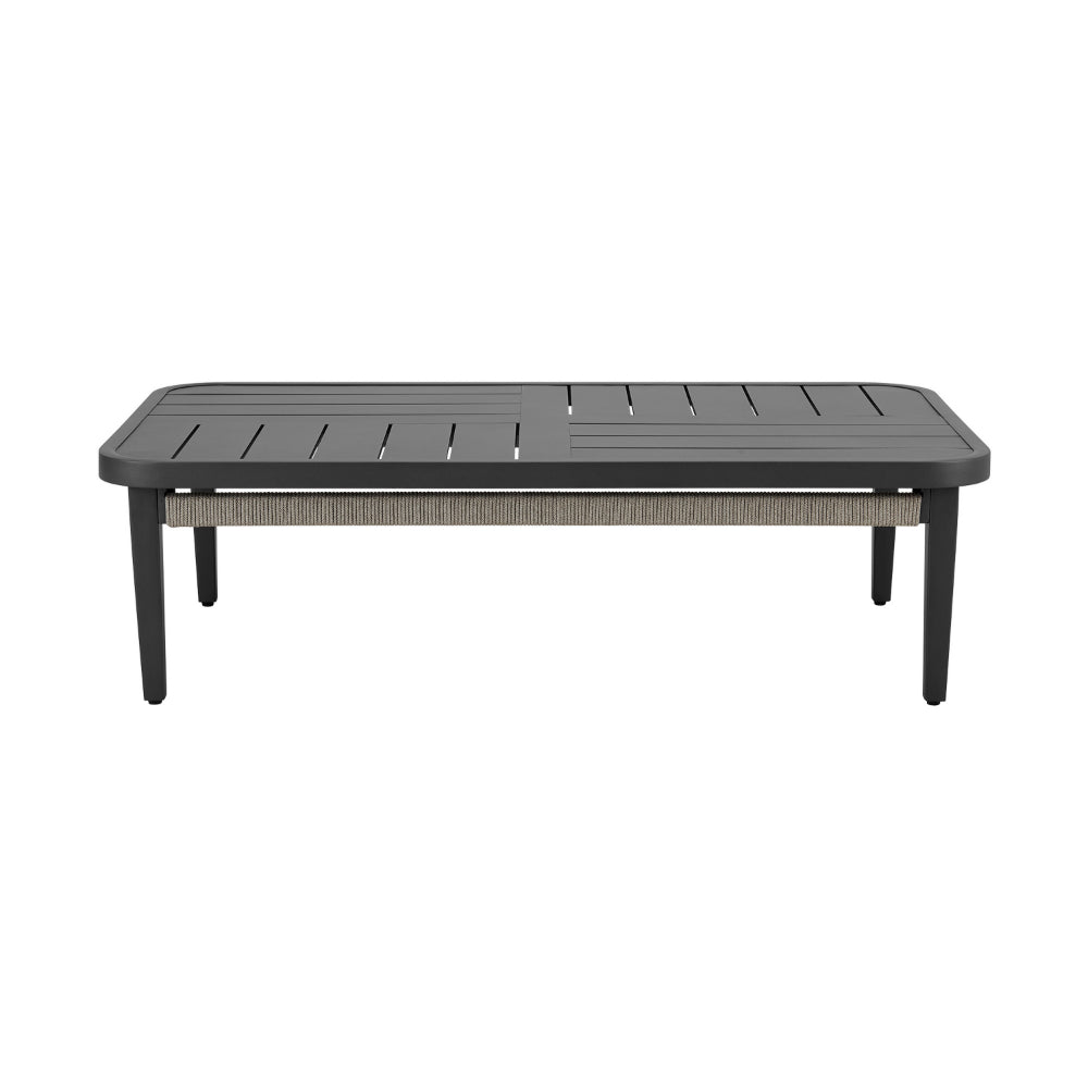 Hosa 50 Inch Outdoor Coffee Table, Rectangular Slatted Top, Gray Rope Apron - BM315730