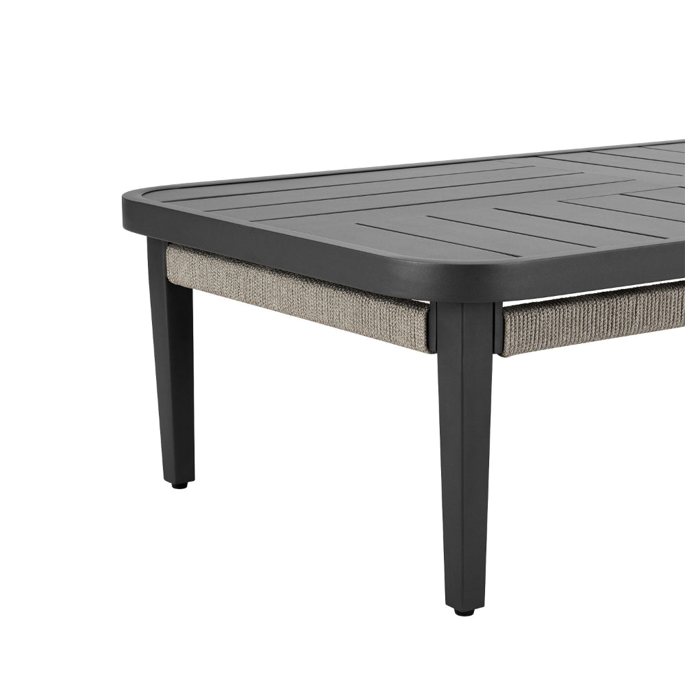 Hosa 50 Inch Outdoor Coffee Table, Rectangular Slatted Top, Gray Rope Apron - BM315730