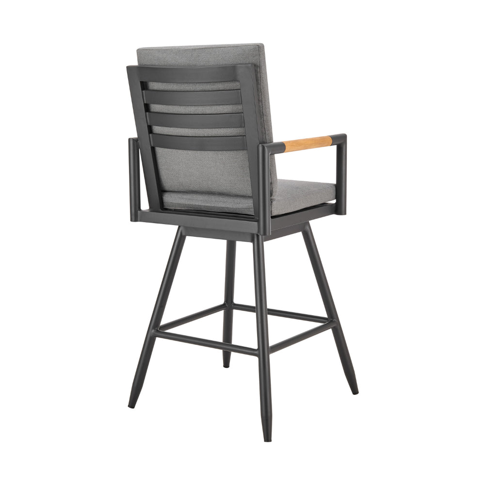 Razi 26 Inch Outdoor Swivel Counter Stool Chair, Black Metal, Gray Cushions - BM315737