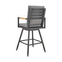 Razi 26 Inch Outdoor Swivel Counter Stool Chair, Black Metal, Gray Cushions - BM315737