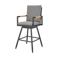 Razi 26 Inch Outdoor Swivel Counter Stool Chair, Black Metal, Gray Cushions - BM315737