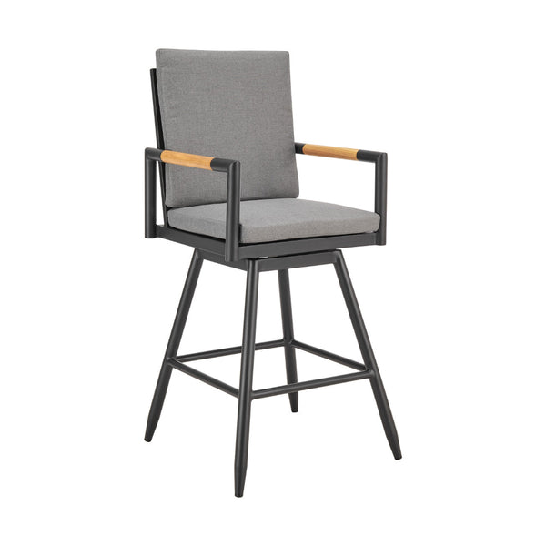 Razi 30 Inch Outdoor Swivel Barstool Chair, Black Aluminum, Gray Cushions - BM315738