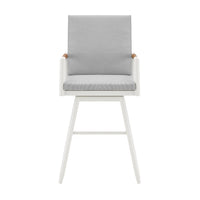 Razi 26 Inch Outdoor Swivel Counter Stool Chair, White Metal, Gray Cushions - BM315739