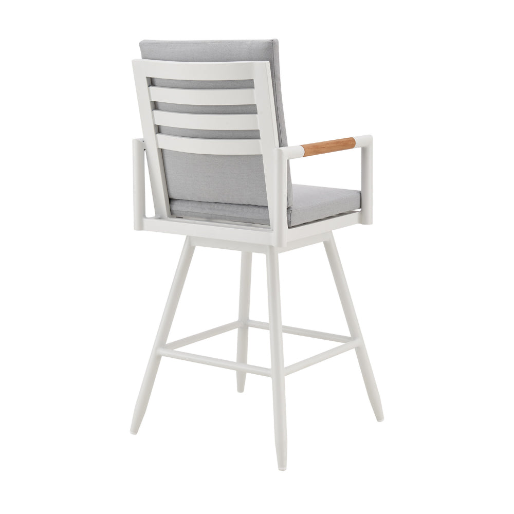 Razi 26 Inch Outdoor Swivel Counter Stool Chair, White Metal, Gray Cushions - BM315739