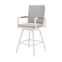 Razi 26 Inch Outdoor Swivel Counter Stool Chair, White Metal, Gray Cushions - BM315739