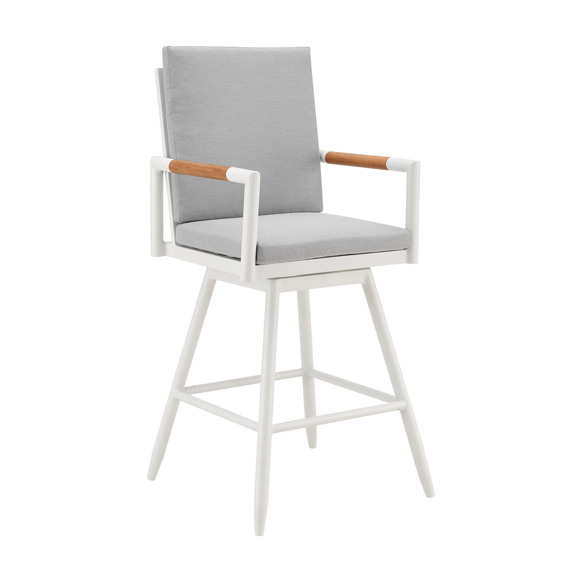 Razi 26 Inch Outdoor Swivel Counter Stool Chair, White Metal, Gray Cushions - BM315739