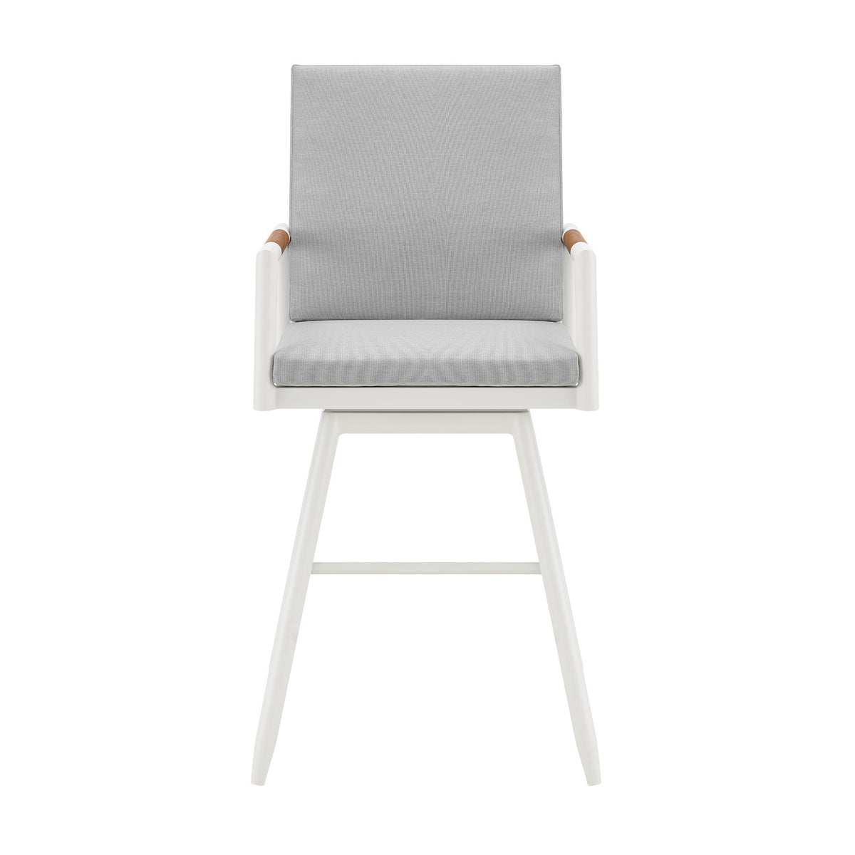 Razi 30 Inch Outdoor Swivel Barstool Chair, White Aluminum, Gray Cushions - BM315740