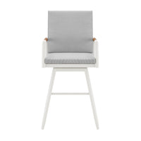 Razi 30 Inch Outdoor Swivel Barstool Chair, White Aluminum, Gray Cushions - BM315740