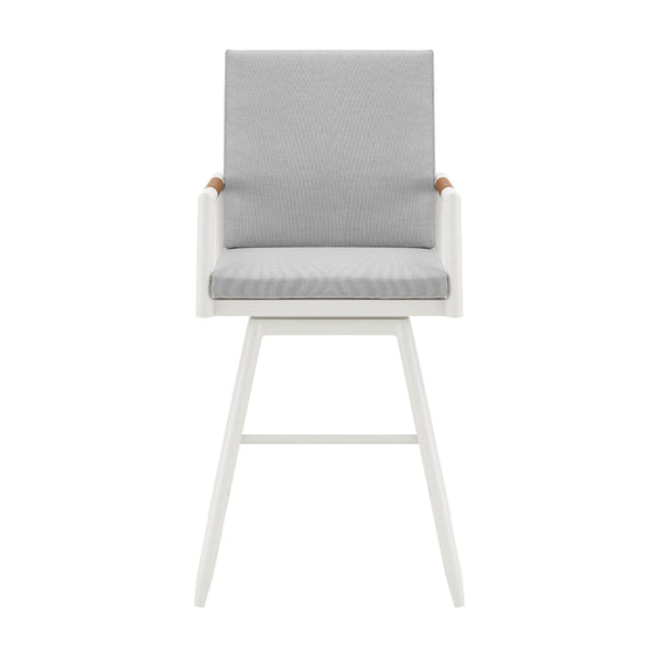 Razi 30 Inch Outdoor Swivel Barstool Chair, White Aluminum, Gray Cushions - BM315740
