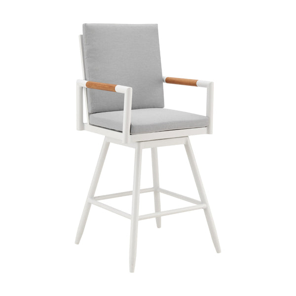 Razi 30 Inch Outdoor Swivel Barstool Chair, White Aluminum, Gray Cushions - BM315740