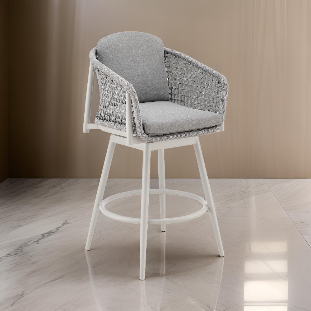 Rue 31 Inch Outdoor Swivel Barstool Chair, Mesh Woven Rope, Gray Aluminum - BM315744