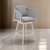 Rue 31 Inch Outdoor Swivel Barstool Chair, Mesh Woven Rope, Gray Aluminum - BM315744
