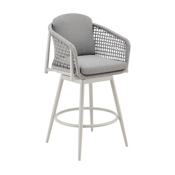 Rue 31 Inch Outdoor Swivel Barstool Chair, Mesh Woven Rope, Gray Aluminum - BM315744