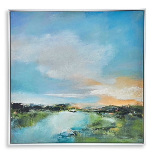 37 x 37 Wall Art, River Evening Giclee on Framed Canvas, White Blue - BM315747