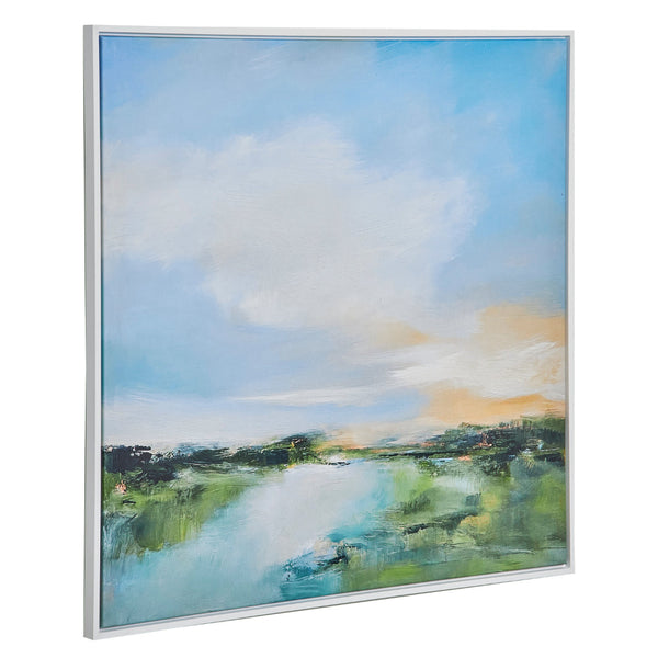 37 x 37 Wall Art, River Evening Giclee on Framed Canvas, White Blue - BM315747