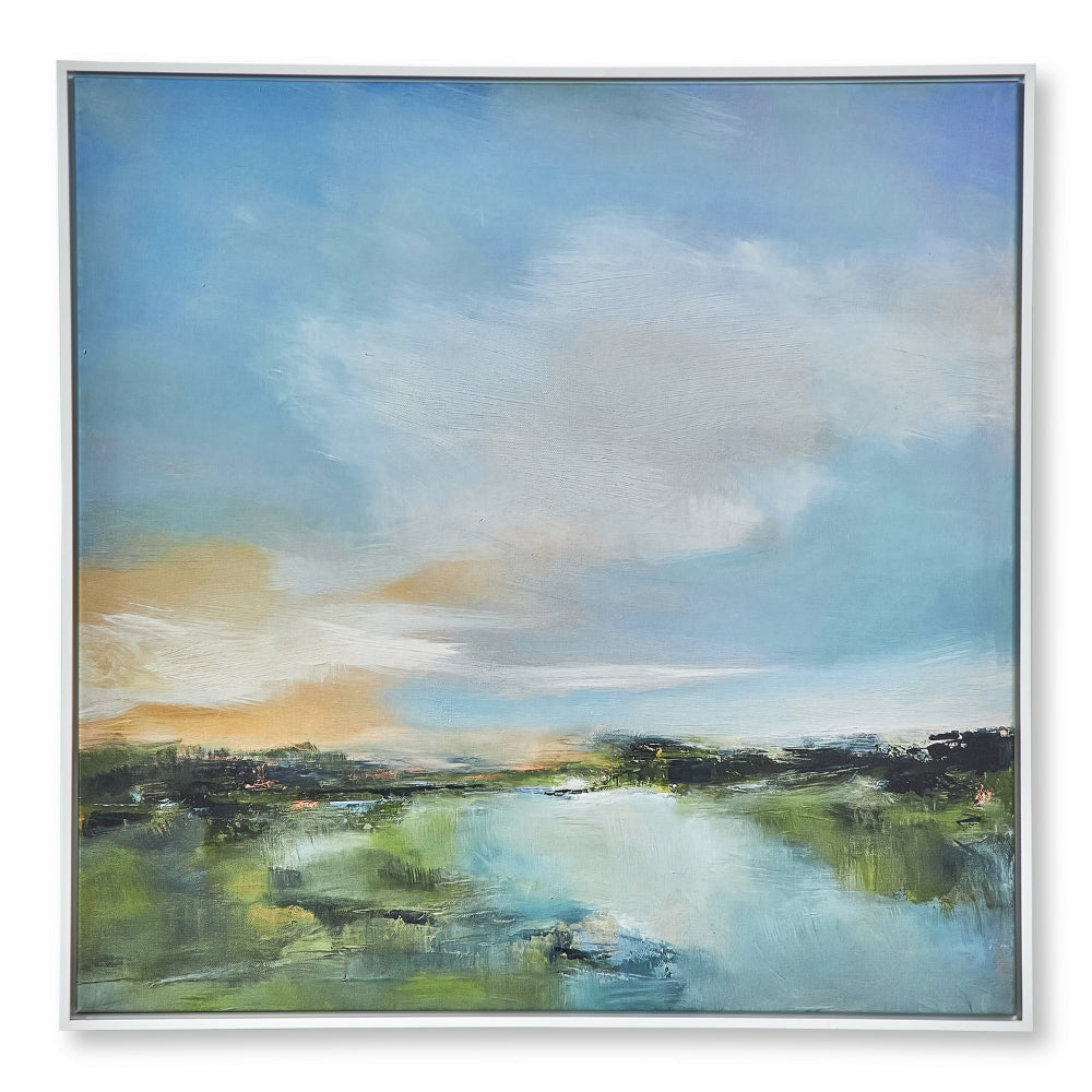 37 x 37 Wall Art, River Evening Giclee on Framed Canvas, White Blue - BM315747