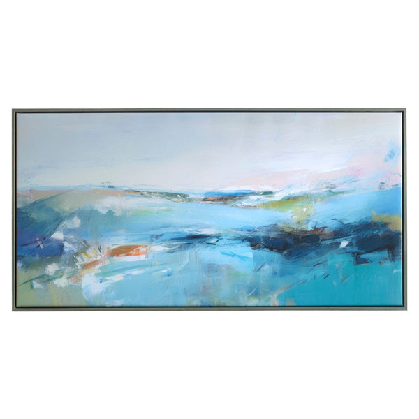 25 x 49 Handcrafted Wall Art, Waves on Framed Canvas, Silver Blue Green - BM315749