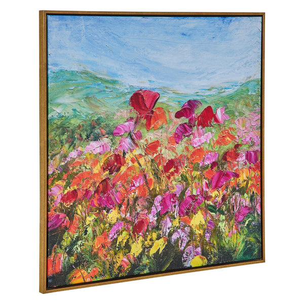 37 x 37 Handcrafted Wall Art Poppies Hillside on Framed Canvas, Gold Red - BM315750