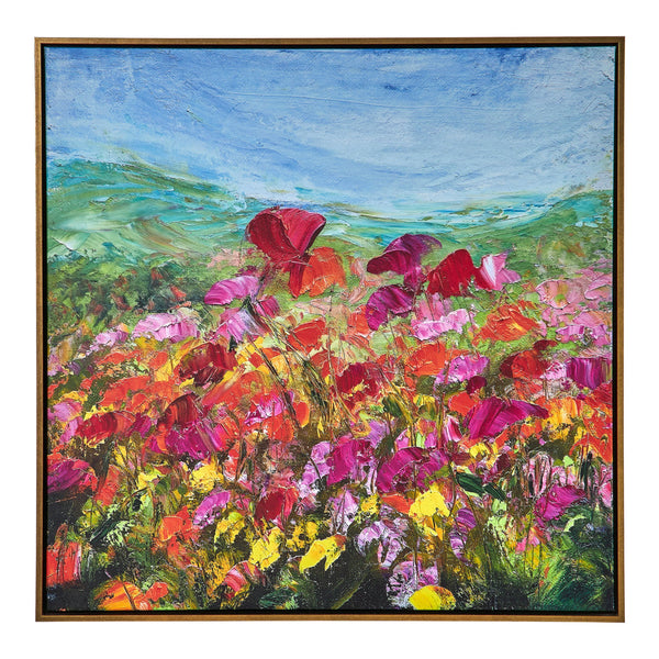 37 x 37 Handcrafted Wall Art Poppies Hillside on Framed Canvas, Gold Red - BM315750