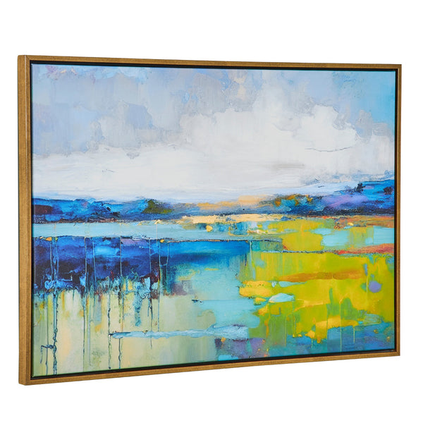 25 x 37 Handcrafted Wall Art Sunset Calm Water, Framed Canvas, Gold, Yellow - BM315751