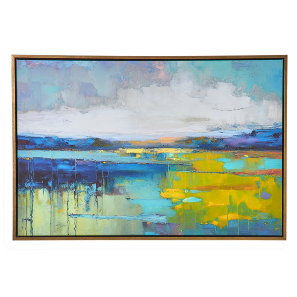 25 x 37 Handcrafted Wall Art Sunset Calm Water, Framed Canvas, Gold, Yellow - BM315751