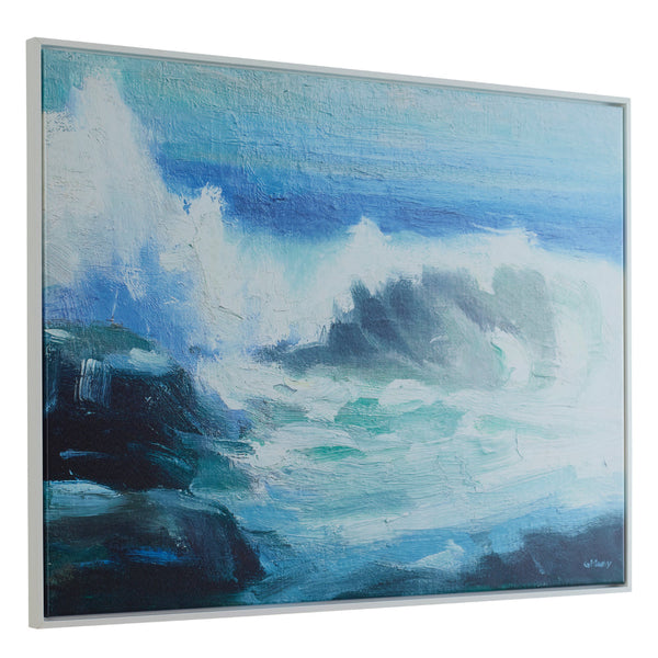 31 x 41 Handcrafted Wall Art, Crashing Waves on Framed Canvas, White, Blue - BM315756