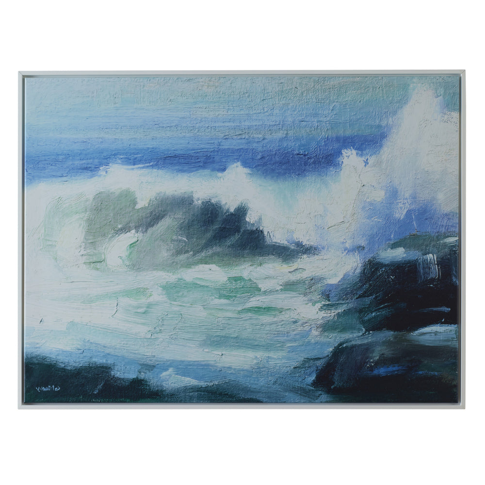 31 x 41 Handcrafted Wall Art, Crashing Waves on Framed Canvas, White, Blue - BM315756
