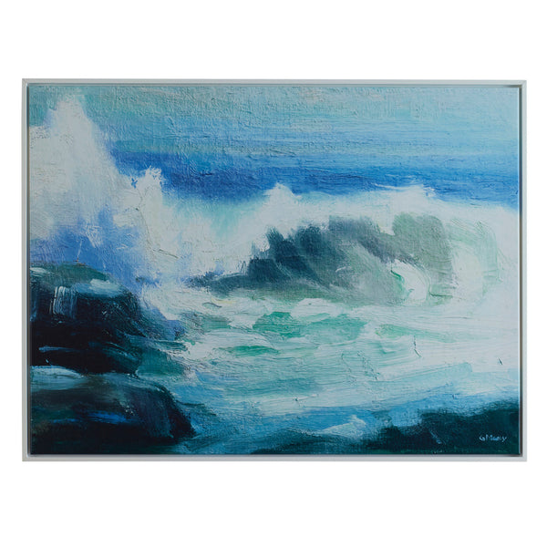 31 x 41 Handcrafted Wall Art, Crashing Waves on Framed Canvas, White, Blue - BM315756
