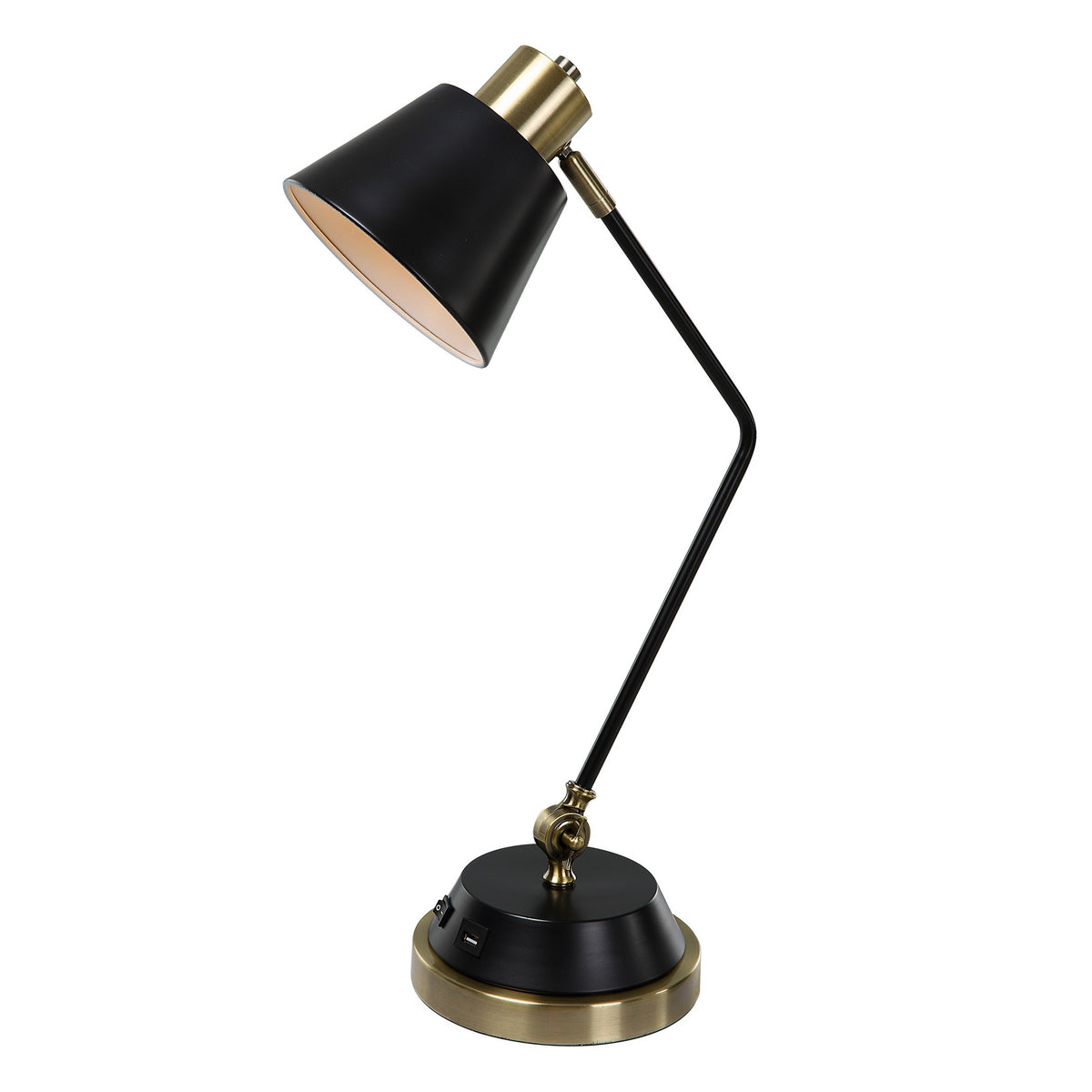 23 Inch Desk Lamp, Adjustable Arm, USB Port, Antique Brass and Black Metal  - BM315759