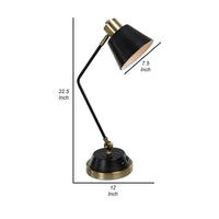 23 Inch Desk Lamp, Adjustable Arm, USB Port, Antique Brass and Black Metal  - BM315759