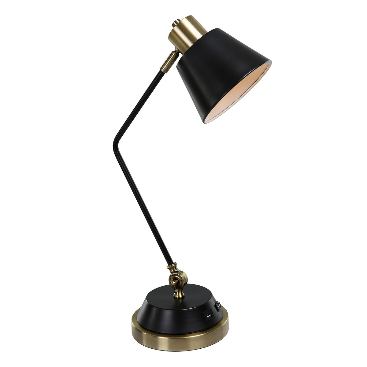 23 Inch Desk Lamp, Adjustable Arm, USB Port, Antique Brass and Black Metal  - BM315759