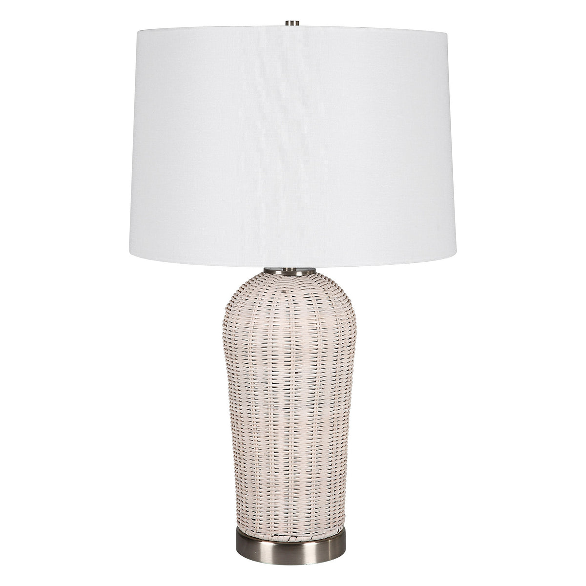 25 Inch Table Lamp, Rattan Woven, White Linen Shade, Brushed Silver Accents - BM315760