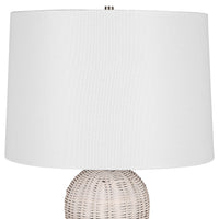 25 Inch Table Lamp, Rattan Woven, White Linen Shade, Brushed Silver Accents - BM315760