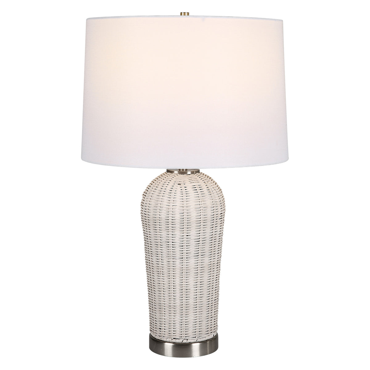 25 Inch Table Lamp, Rattan Woven, White Linen Shade, Brushed Silver Accents - BM315760